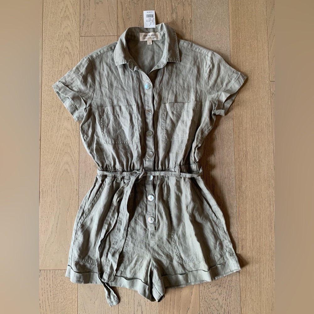 Cloth & Stone Linen Olive Green Button-Up Romper